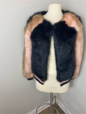 Fashion Nova Black and Pink Faux Fur Bomber Jacket